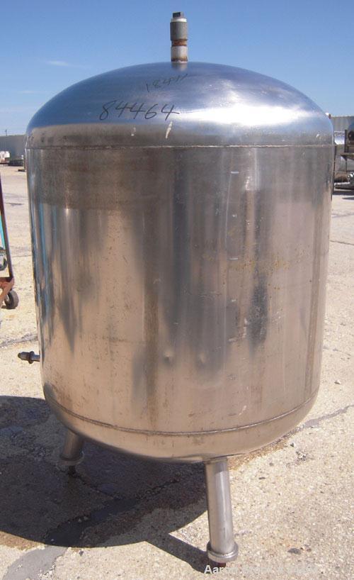 Used Grundy Pressure Tank, 182 gallon, 304 stainless steel, vertical. 38" diameter x 30" straight side, dished top and bottom, rated 30 psi. Openings: top 1-1/2", (2) 3" sight glass; side (3) 1", 14"...