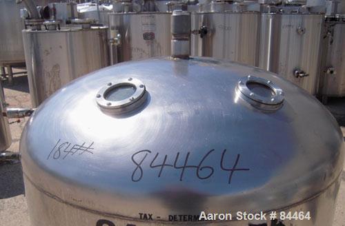 Used Grundy Pressure Tank, 182 gallon, 304 stainless steel, vertical. 38" diameter x 30" straight side, dished top and bottom, rated 30 psi. Openings: top 1-1/2", (2) 3" sight glass; side (3) 1", 14"...
