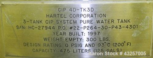 Used Hartel Tank, 125 Gallon (475 Liter), 316 Stainless Steel, Vertical. 30" Diameter x 40" straight side, dished top and bottom. Internal rated 0 psi at 93 degrees C (200 F). (1) Spray ball. Sidewal...