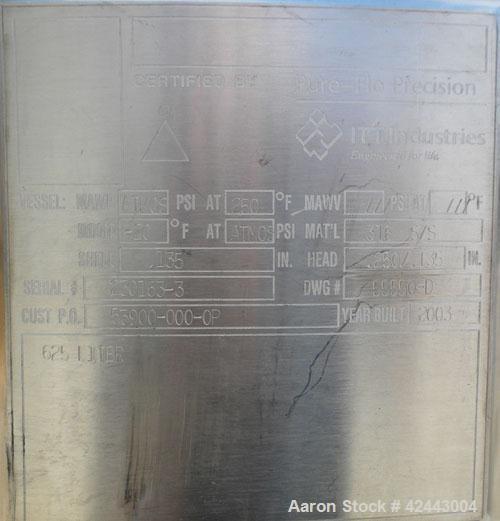Used ITT Industries Pure-Flo Precision Tank, 165 gallon (625 liter), 316 stainless steel, vertical. 32’’ Diameter x 48’’ straight side, dished top and bottom. Internal rated atmospheric at –20 to 250...
