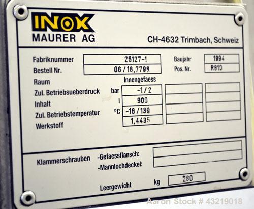 Used Inox-Maurer AG Pressure Tank, 900 Liter (238 Gallon), 316L Stainless Steel, Vertical. Approximate 39” diameter x 34” straight side, dished top and bottom. Internal rated -1/2 bar (-14.50/29 psi)...
