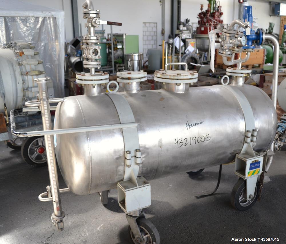 Used Inox AG Mobile Pressure Tank, 630 Liter (166.48 Gallon), 316L Stainless Steel, Horizontal. Approximate 27 diameter x 62 straight side, dished ends. Internal rated 2 kp/cm2 (1.96 bar/28.4 psi) at...