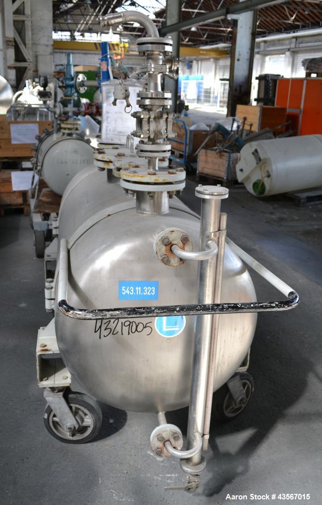 Used Inox AG Mobile Pressure Tank, 630 Liter (166.48 Gallon), 316L Stainless Steel, Horizontal. Approximate 27 diameter x 62 straight side, dished ends. Internal rated 2 kp/cm2 (1.96 bar/28.4 psi) at...