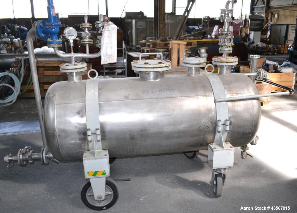 Used Inox AG Mobile Pressure Tank, 630 Liter (166.48 Gallon), 316L Stainless Steel, Horizontal. Approximate 27 diameter x 62 straight side, dished ends. Internal rated 2 kp/cm2 (1.96 bar/28.4 psi) at...