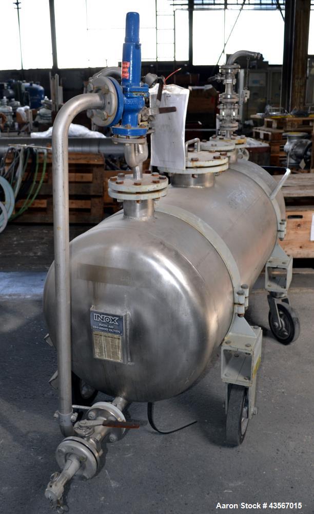 Used Inox AG Mobile Pressure Tank, 630 Liter (166.48 Gallon), 316L Stainless Steel, Horizontal. Approximate 27 diameter x 62 straight side, dished ends. Internal rated 2 kp/cm2 (1.96 bar/28.4 psi) at...