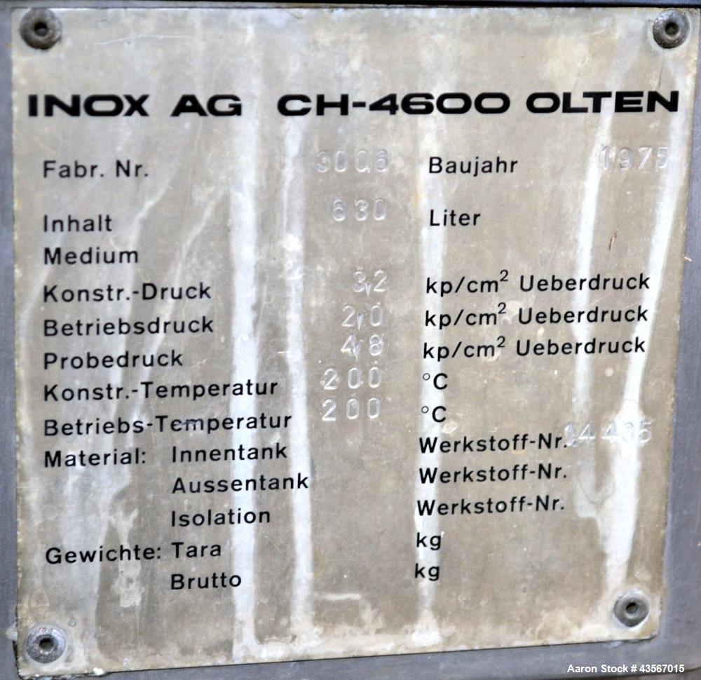 Used Inox AG Mobile Pressure Tank, 630 Liter (166.48 Gallon), 316L Stainless Steel, Horizontal. Approximate 27 diameter x 62 straight side, dished ends. Internal rated 2 kp/cm2 (1.96 bar/28.4 psi) at...