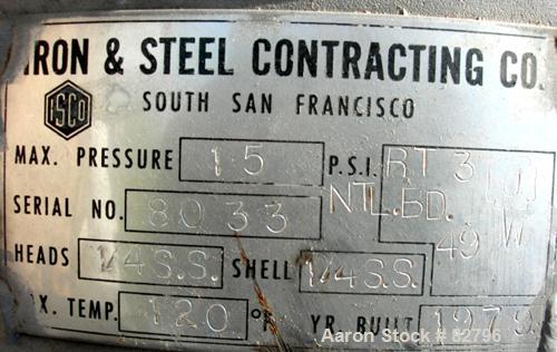 USED: Iron and Steel Contracting Co pressure tank, 190 gallon, 316 stainless steel, vertical. 36" diameter x 40" straight side. Dished top and bottom. Internal rated 15 psi at 125 deg F. Chemineer ag...