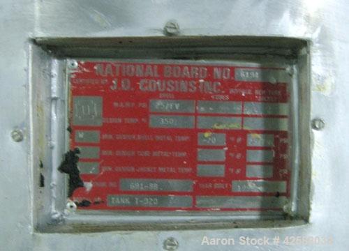 Used J.D. Cousins Pressure Tank, Approximately 50 Gallon, 316L Stainless Steel. 24" Diameter x 24" straight side. Internal rated 25 psi/full vacuum.