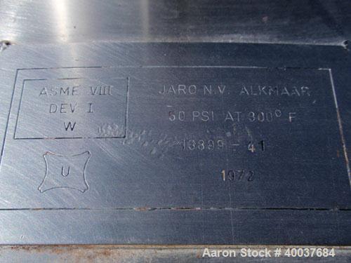 Used Javo N.V. Alkmaar Pressure Tank, 100 Gallon, Stainless Steel, Vertical. 30'' diameter x 30'' straight side, dished top and bottom. Internal rated 50 psi at 300 deg F. 15'' top manway with cover,...