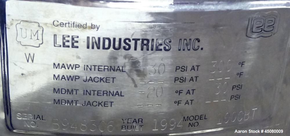 Used 100 Liter Stainless Steel Lee Industries Pressure Tank, Model 100CBT