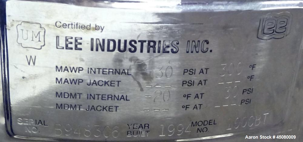 Used- 100 Liter Stainless Steel Lee Industries Pressure Tank, Model 100CBT