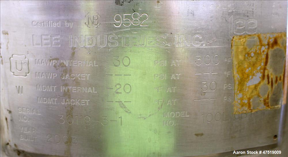 Used Lee Industries Mix Tank, Model 100LCBT, 26.4 Gallon (100 Liter), 316 Stain