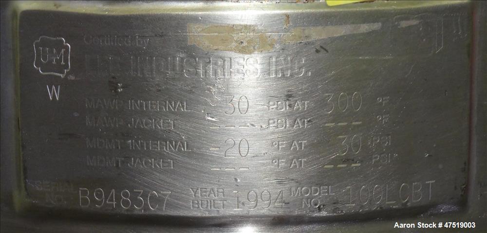 Used Lee Industries Mix Tank, Model 100LCBT, 26.4 Gallon (100 Liter), 316 Stain