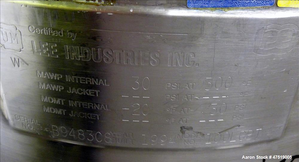 Used Lee Industries Mix Tank, Model 100LCBT, 26.4 Gallon (100 Liter), 316 Stain