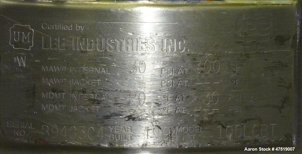 Used Lee Industries Mix Tank, Model 100LCBT, 26.4 Gallon (100 Liter), 316 Stain