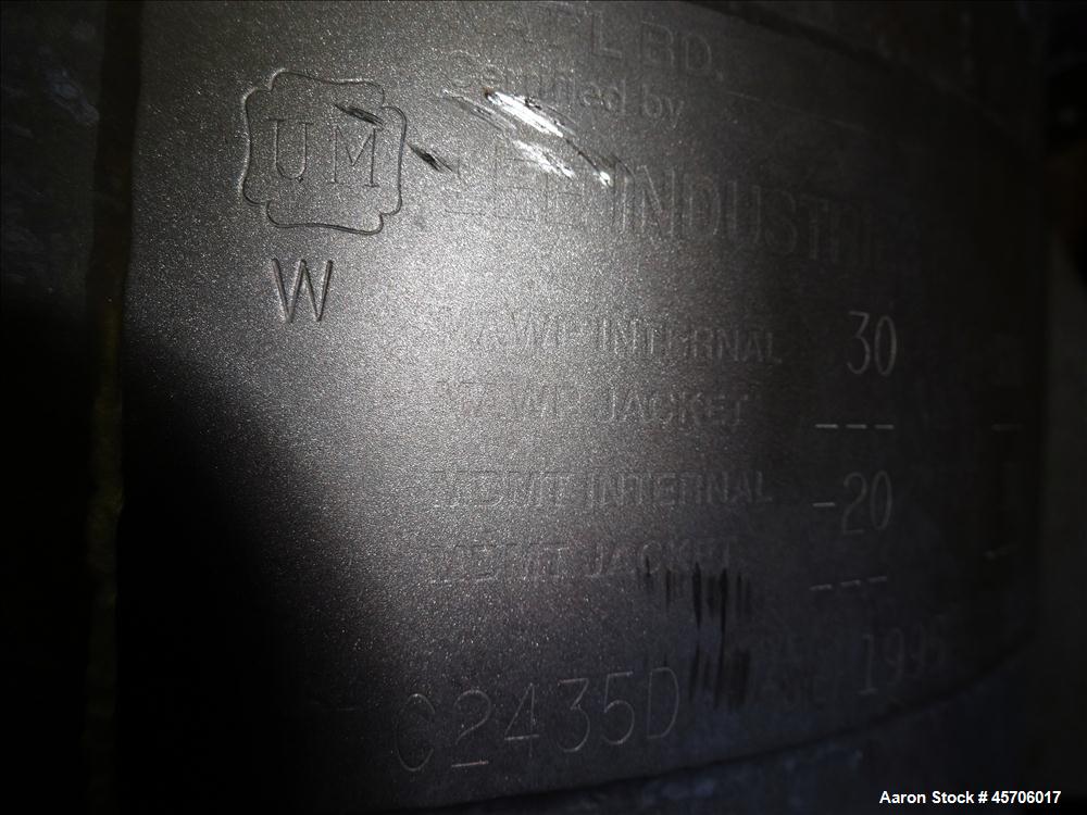 Used Lee Industries Pressure Tank, 10 Gallon, Model 10DBT, 316 Stainless Steel, Vertical. 14" Diameter x 12" straight side, slight dished bolt on top, dish bottom. Internal rated 30psi at -20 to 300 ...