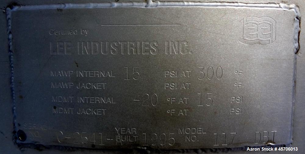 Used Lee Industries Pressure Tank, 117 Gallon, Model 117DBT, 316 Stainless Steel, Vertical. Approximate 30" diameter x 35" straight side, dish top and bottom. Internal rated 15 psi at -20 to 300 degr...