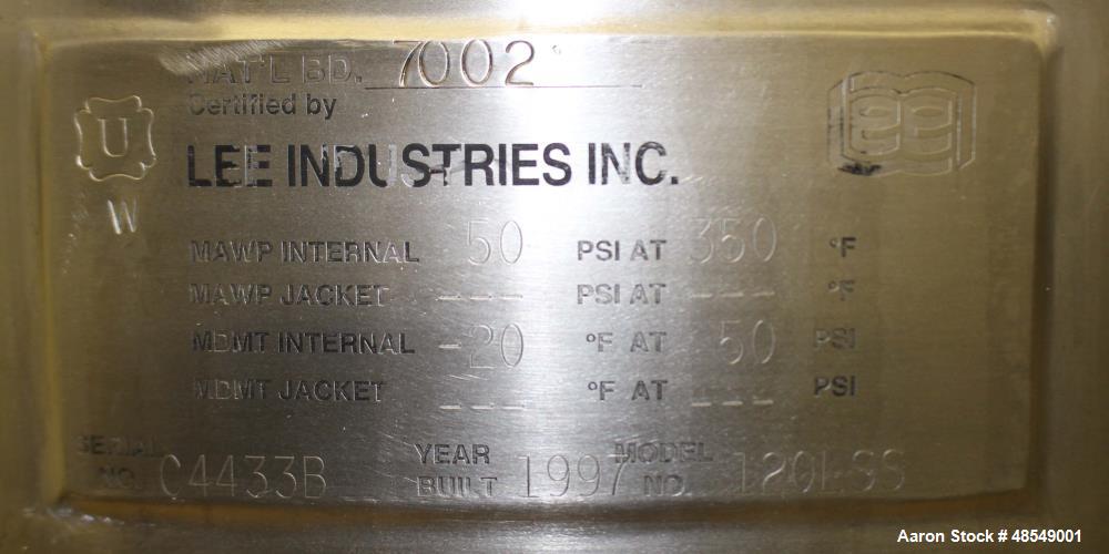 Used Lee Industries Pressure Tank, 31.7 Gallon (120 Liter), Model 120LSS, 316L