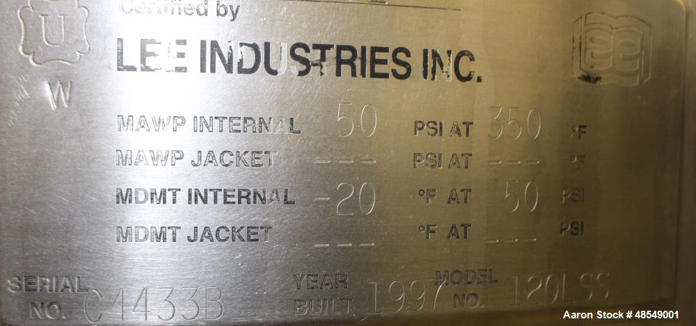 Used Lee Industries Pressure Tank, 31.7 Gallon (120 Liter), Model 120LSS, 316L