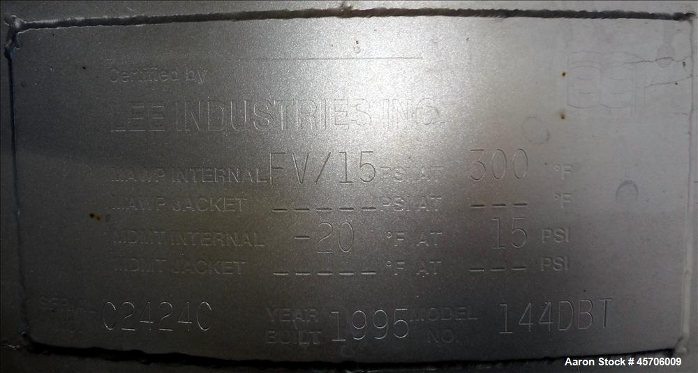 Used Lee Industries Teflon Lined Pressure Tank, 144 Gallon, Model 144DBT, 316 Stainless Steel, Vertical. 30" Diameter x 44" straight side, dished bolt top, dished bottom. Internal rated Full Vacuum/1...
