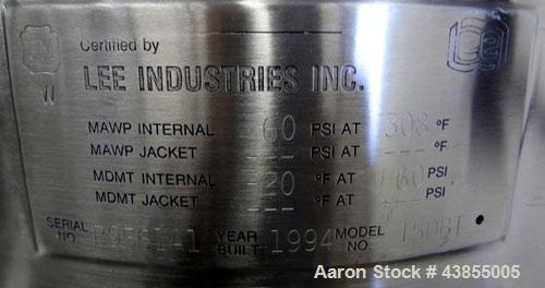 Used Lee Industries Pressure Tank, 15 Gallons, Model 15DBT, 316 Stainless Steel, Vertical.  18” Diameter x 16” straight side, dished clamp down top, dished bottom. Internal rated 60 psi at -20 to 308...