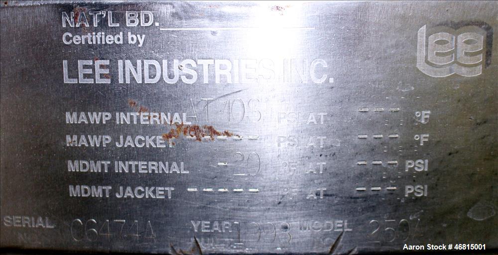 Used Lee Industries Single Motion Mixing Tank, 250 Gallon, 316 Stainless steel,