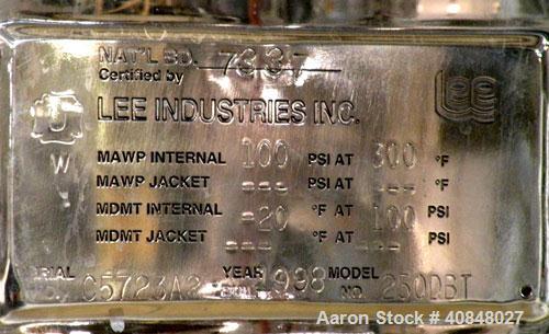 Used Lee Industries Polished Pressure Tank, Model 250DBT, 250 gallon, 316 stainless steel, vertical. 40" diameter x 42" straight side, dished top and bottom. Internal designed for vacuum service and ...