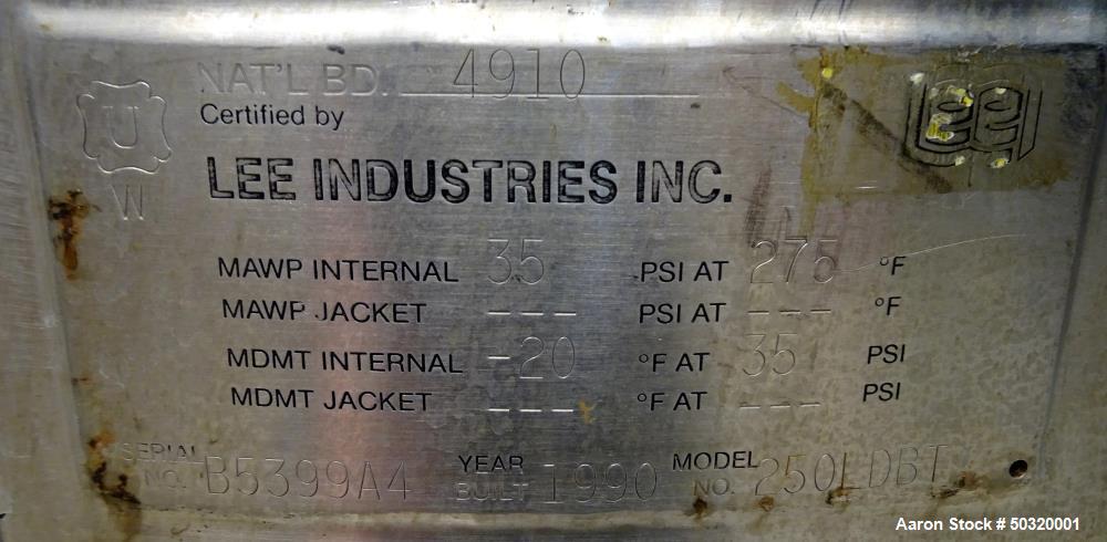 Used Lee Industries Pressure Mix Tank, 250 Liter, Model 250 LDBT
