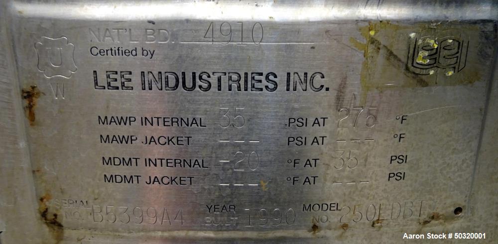 Used- Lee Industries Pressure Mix Tank, 250 Liter, Model 250 LDBT