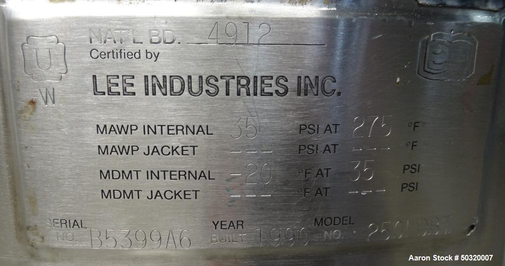 Used Lee Industries Pressure Mix Tank, 250 Liter
