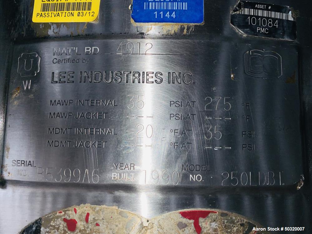 Used Lee Industries Pressure Mix Tank, 250 Liter