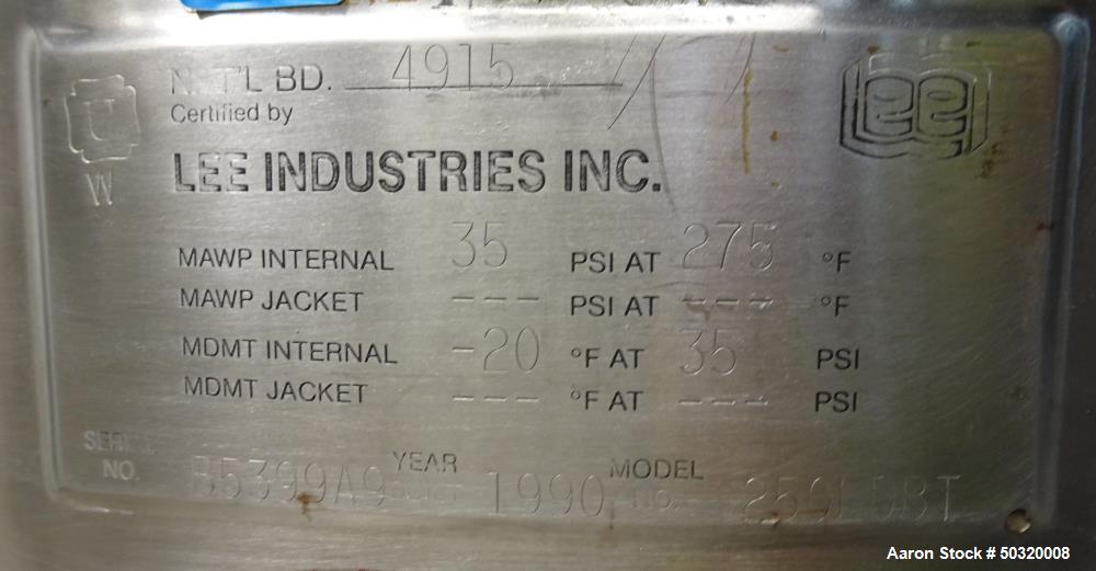 Used Lee Industries Pressure Mix Tank, 250 Liter, Model 250 LDBT