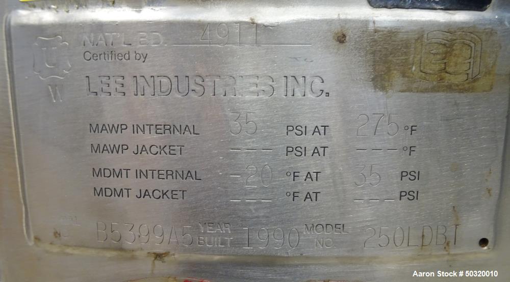 Used Lee Industries Pressure Mix Tank, 250 Liter, Model 250 LDBT