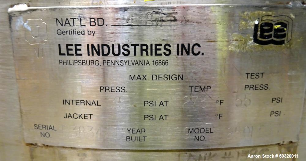 Used Lee Industries Pressure Mix Tank, 250 Liter, Model 250 LDBT