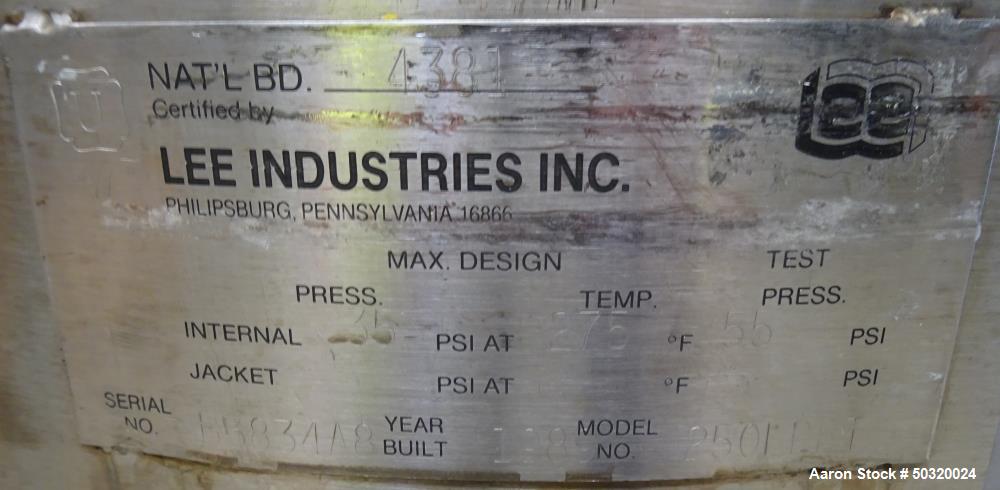 Used- Lee Industries Pressure Mix Tank, 250 Liter, Model 250 LDBT, 316L Stainless Steel, Vertical. Approximate 30" diameter ...