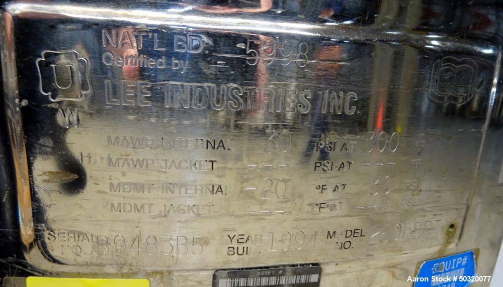 Used Lee Vertical Mix Tank, Pressurized, 316L Stainless Steel 250 Liter, Model 250 LDBT
