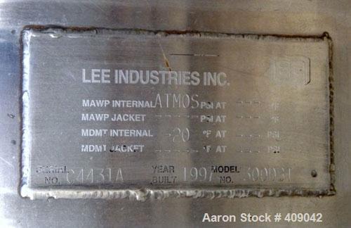 Used Lee Industries Tank, Model 300DBT, 300 Gallon, 316 Stainless Steel, Vertical. 44" diameter x 48" straight side, dished top and bottom. Internal rated to –20 deg.f.. Openings top 3/8’’, (2) 1-1/2...