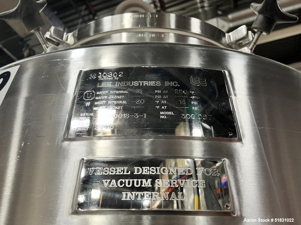Used Lee Industries 300 Gallon Tank, Model 300DBT, 316L Stainless Steel, Vertical. Approximate 44" diameter x 42" straight side. Dished top and bottom. Internal rated for 15psi / FV Internal at -20 t...