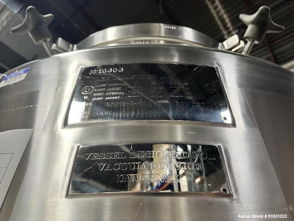 Used Lee Industries Stainless Steel Tank, Approximately 300 Gallons, Model 300DBT, 316L Stainless Steel, Vertical. Approximate 44" diameter x 42" straight side. Dished top and bottom. Internal rated ...