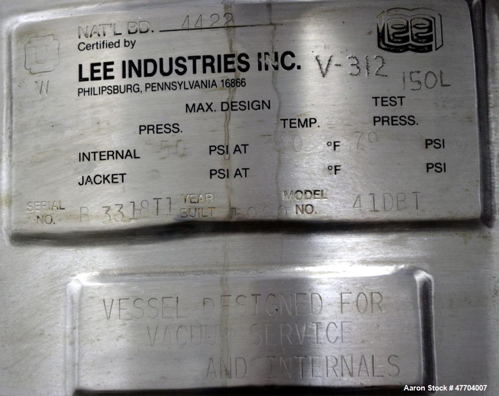 Used- Lee Industries Pressure Tank, 41 Gallon, Model 41DBT, 316L Stainless Steel, Vertical. 18" Diameter x 33" straight side...