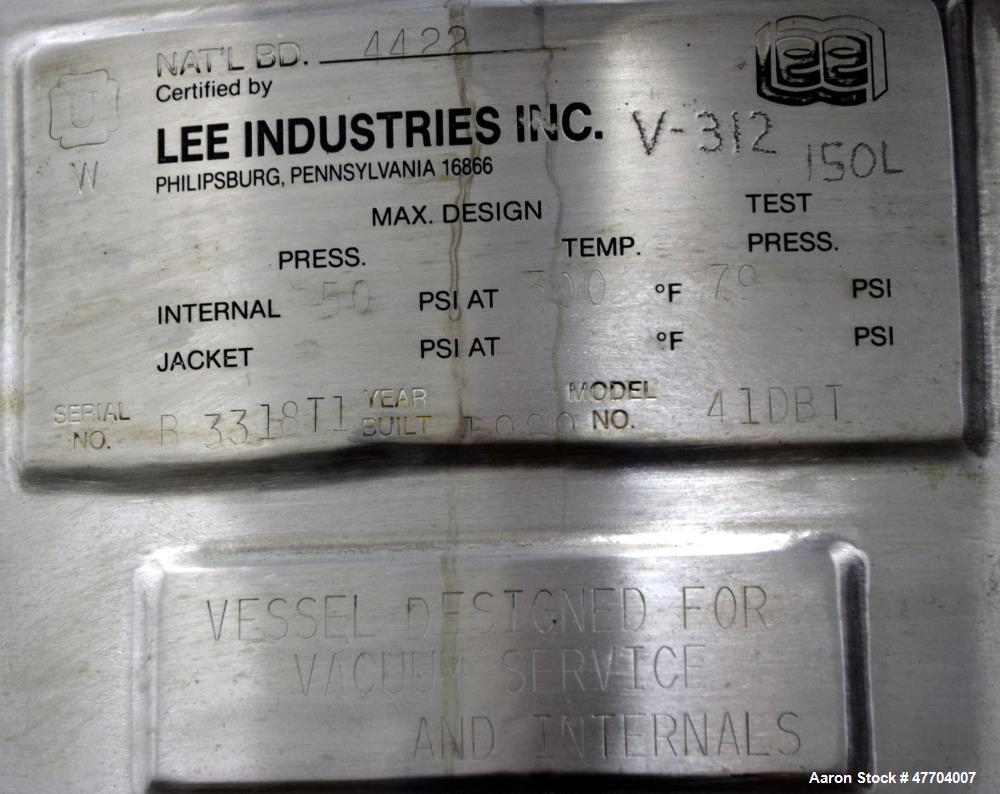 Used Lee Industries Pressure Tank, 41 Gallon, Model 41DBT, 316L Stainless Steel, Vertical. 18" Diameter x 33" straight side, hinged dish top, dish bottom. Internal designed for vacuum service & rated...