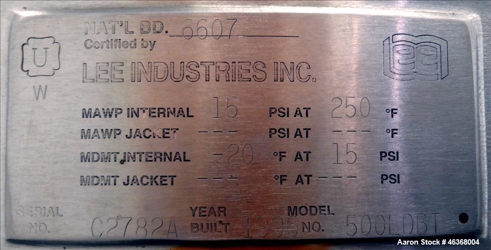 Used Lee Industries Pressure Tank, 132 Gallons (500 Liters), Model 500LDBT, 316L Stainless Steel, Vertical. 36" Diameter x 32" straight side, dished top and bottom. Internal rated 15 psi at -20 to 25...