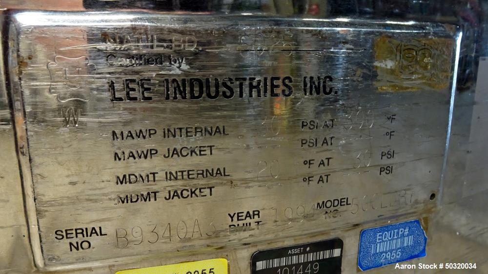 Used Lee Industries Pressure Mix Tank, 500 Liter, Model 500 LDBT