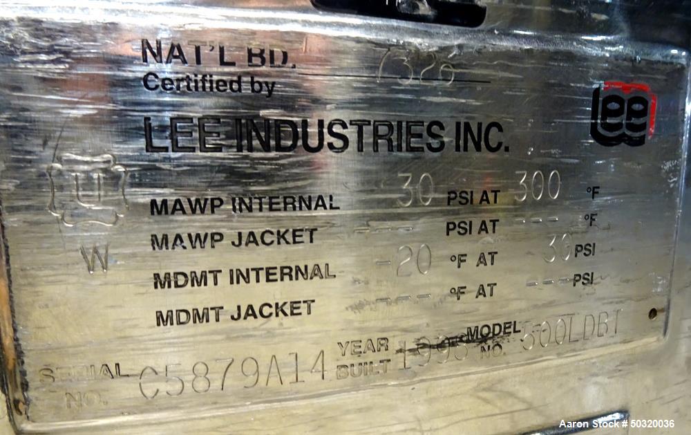 Used- Lee Industries Pressure Mix Tank, 500 Liter, Model 500 LDBT,