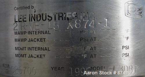 USED: Lee Industries tank, 9 gallon, 304 stainless steel, vertical. 12" diameter x 18" straight side. Dished hinged top, dished bottom. Top entering spray nozzle. Openings: side 1-1/2"; approximate 1...