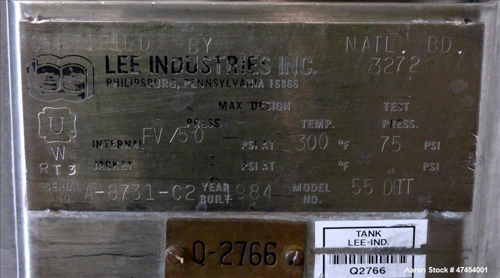 Used Lee Industries Pressure Tank, Model 55 DBT, Approximate 55 Gallons, 316 St
