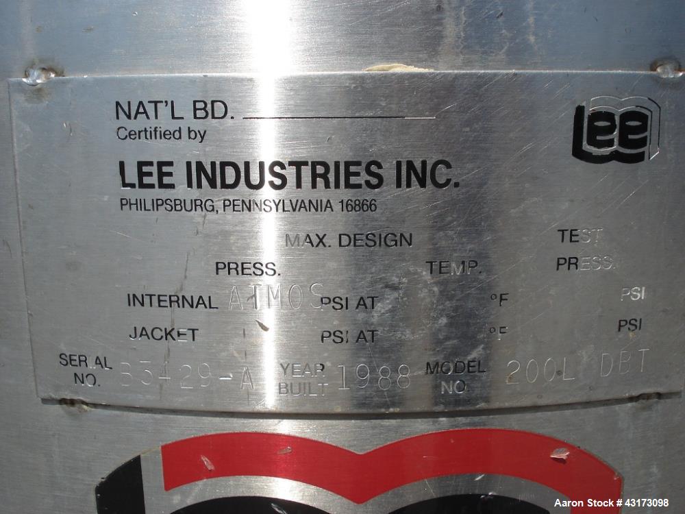Used 200 Liter Lee tank, 26" diameter x 20" straight side, dish top and bottom, 1.5" bottom opening, 18" top opening, serial # B3429-A, Built 1988