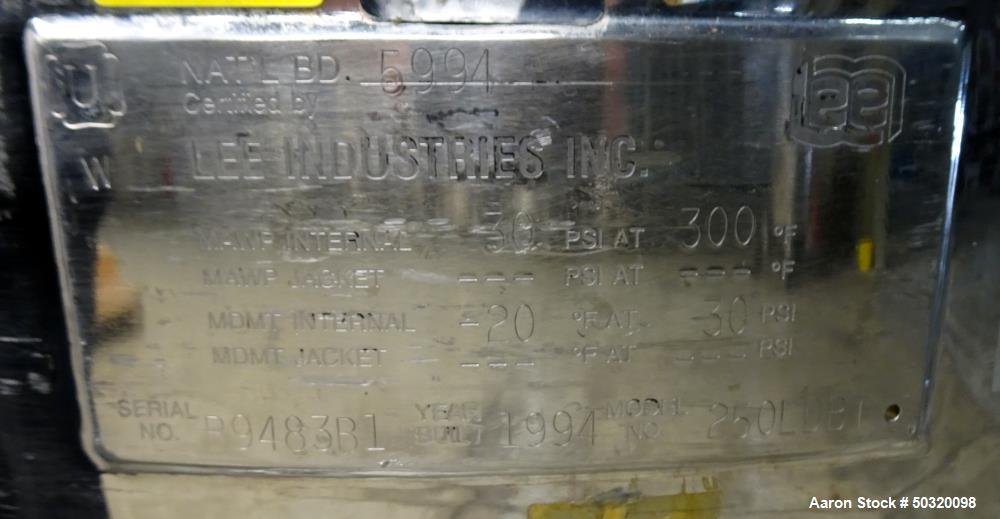 Used- Lee Industries Pressure Mix Tank, 250 Liter, Model 250 LDBT, Stainless Ste