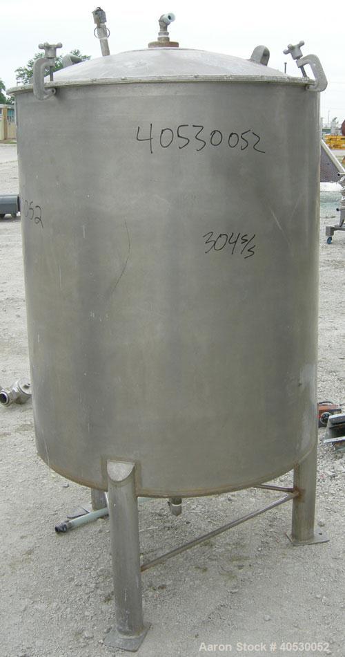 Used - Lee Metal Products Tank, Model 200DBT, 304 stainless steel, vertical. Approximately 40" diameter x 48" straight side, clamp down dished top, dish bottom. 1" center bottom outlet. Mounted on 3 ...
