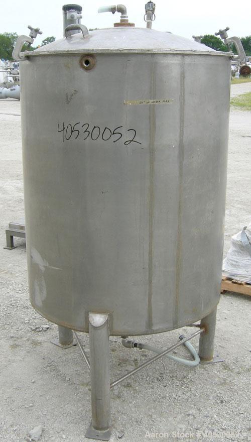 Used - Lee Metal Products Tank, Model 200DBT, 304 stainless steel, vertical. Approximately 40" diameter x 48" straight side, clamp down dished top, dish bottom. 1" center bottom outlet. Mounted on 3 ...